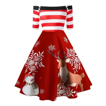 

Dress For Womens Christmas Off Shoulder Elk Print Stripe Vintage Evening Party Flare Dress 2019 New Fashion#45