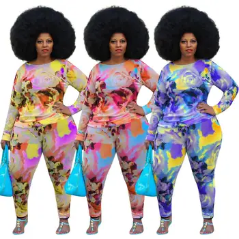 

Echoine Women Tie Dye Printed Two Piece Set Plus Size Long Sleeve Tee Tops Jogger Sweatpants Suits Tracksuit Matching Set Outfit