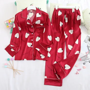 

Burgundy Women Stain Pajamas Set Long Sleeve 2 PCS Shirt&Pant Silky 2PCS Sleepwear Nightwear Female Sleep Set Home Wear