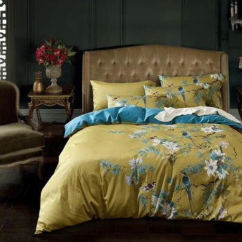 

Skin-friendly Cotton Bedding Set Bird Branches Print Duvet Cover Flat Bed Sheet 4pcs/set Queen King Size Soft Bed Set