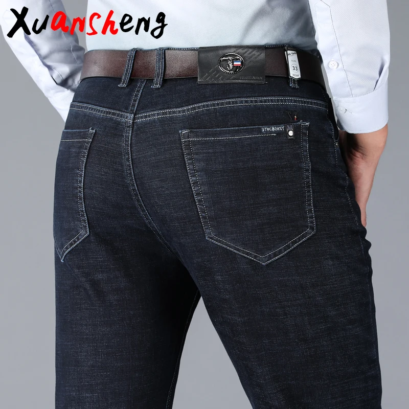 Прямые мужские джинсы Xuansheng, новинка, синие, черные, темные, плотные, классические, стрейч, Бизнес Стиль, повседневные, свободные, уличная одежда, джинсы