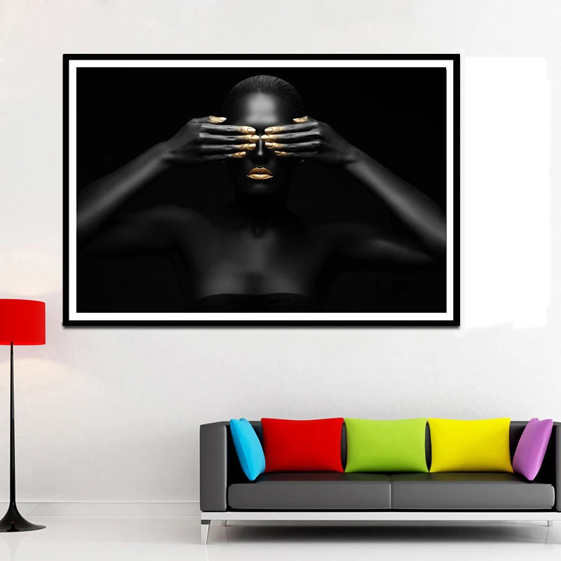 African-Woman-Indian-Posters-and-Prints-Nordic-Canvas-Painting-Black-and-Gold-Scandinavian-Wall-Art-Picture