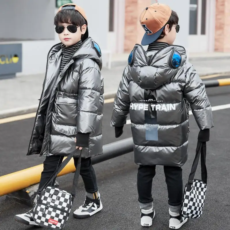 

Boys Parker Winter Cotton Down Jacket Big Children's Winter Glasses Jacket Coat Mid-Length Handsome Kids Bright Leather Clothing