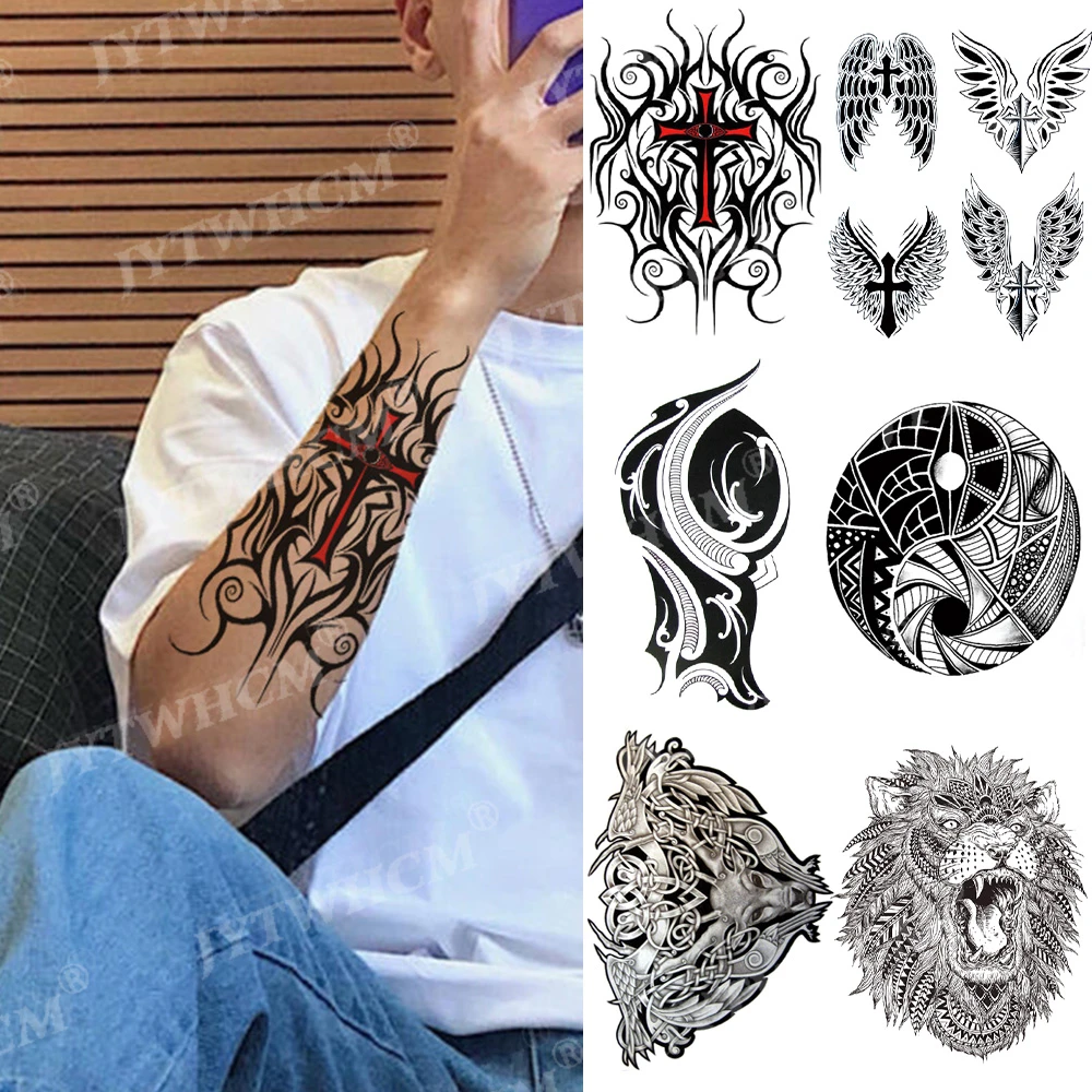 Temporary Tattoo Waterproof Stickers Fake Sleeve Geometric Tattoo Designs  Cross Lion Wings Flash Body Arm Tattoos Cool Men Women - Temporary Tattoos  - AliExpress