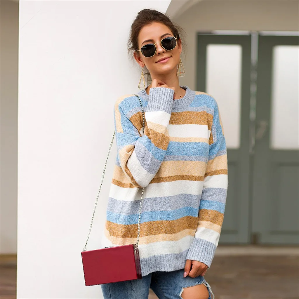 Pull Femme Hiver Dames пуловер размера плюс Женский вязаный лоскутный полосатый свитер с длинным рукавом и круглым вырезом Топ