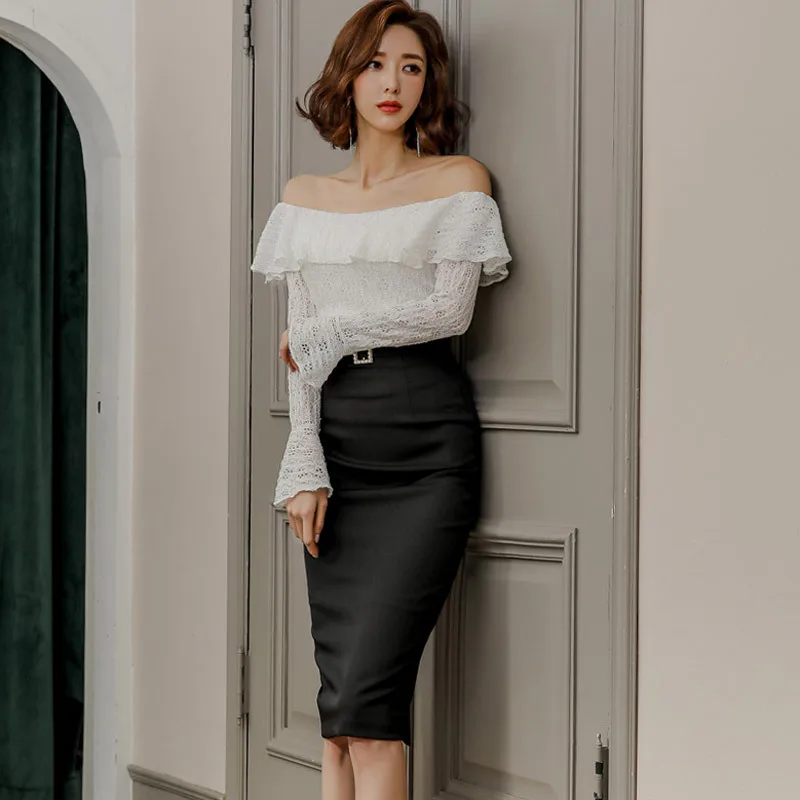 Slash Neck Lace Blouse and Corset Sheath Midi Black Skirt Ladies Fall 2 Piece Set Spring Winter New Sexy Two for Women |