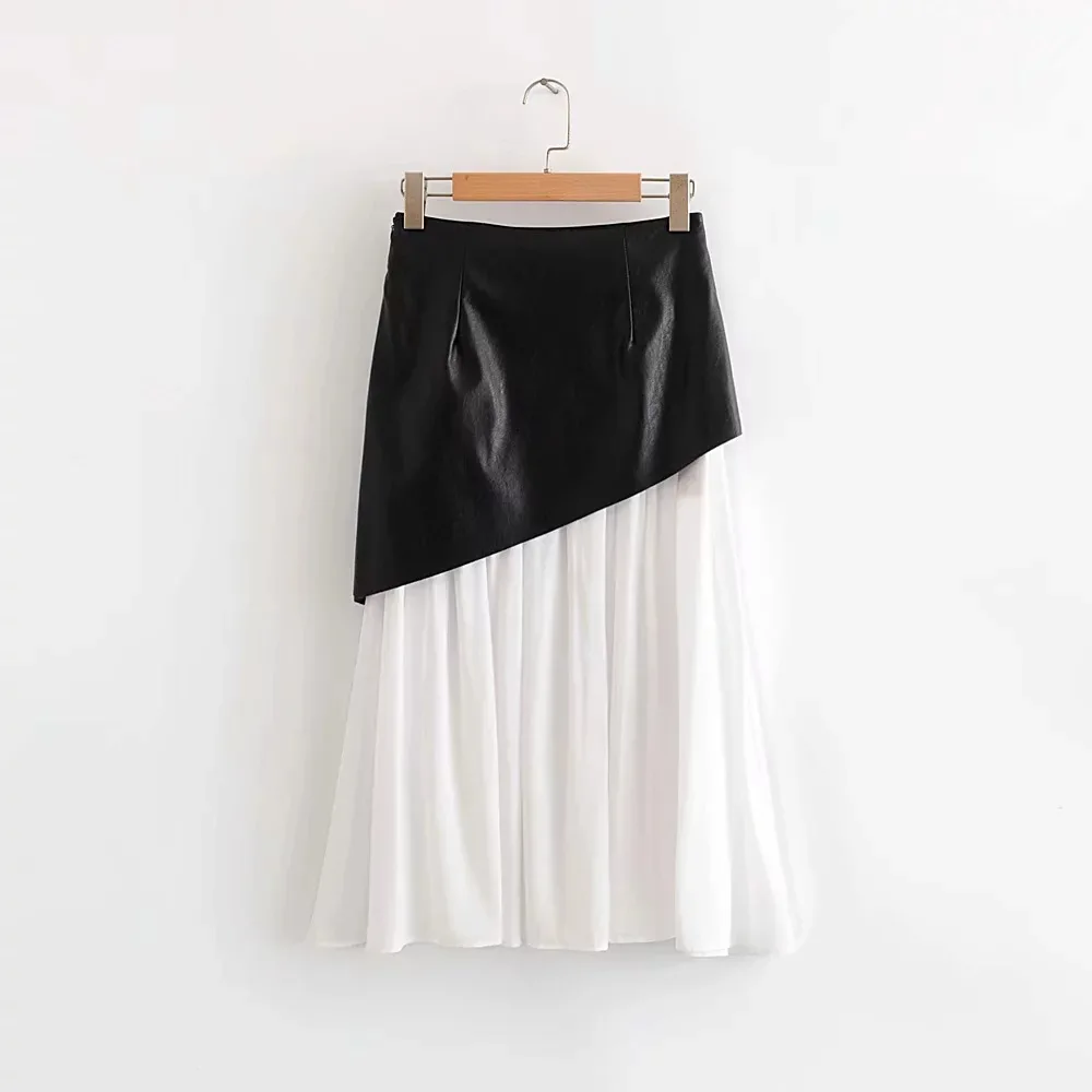 

C1482-13121 WOMEN'S Dress New Products Fake Two-Piece PU Leather Joint Skirt
