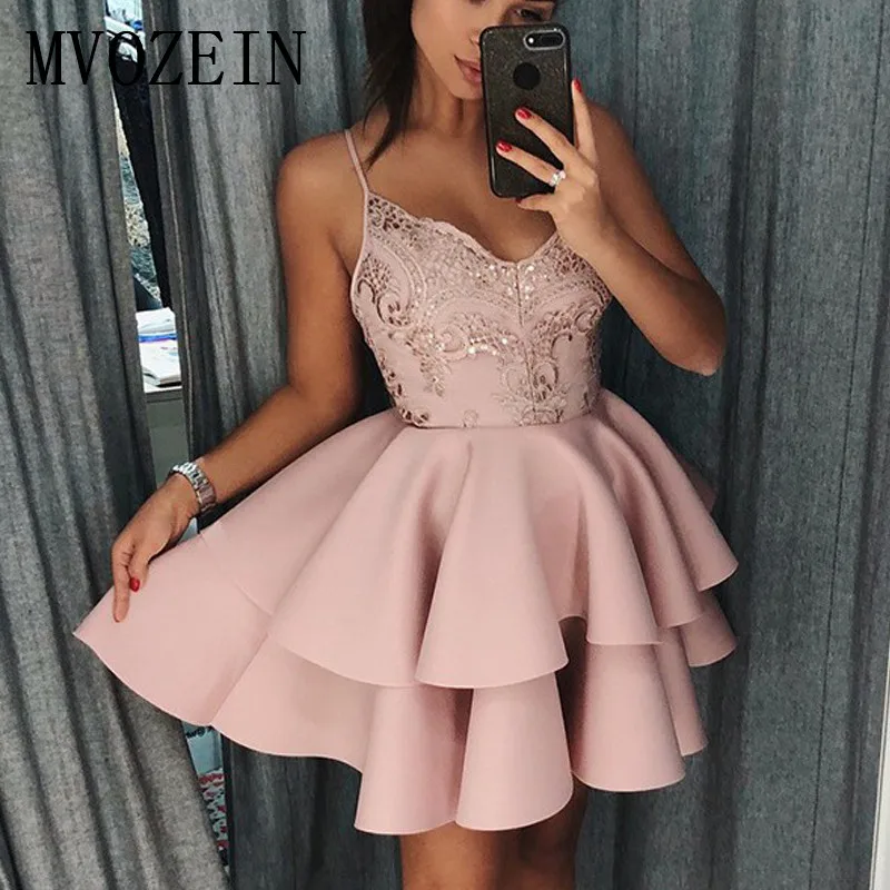 

New Listing Pink Homecoming Dresses 2019 Satin A-Line Spaghetti Strap Lace Homecoming Dresses Vestidos Party Gowns