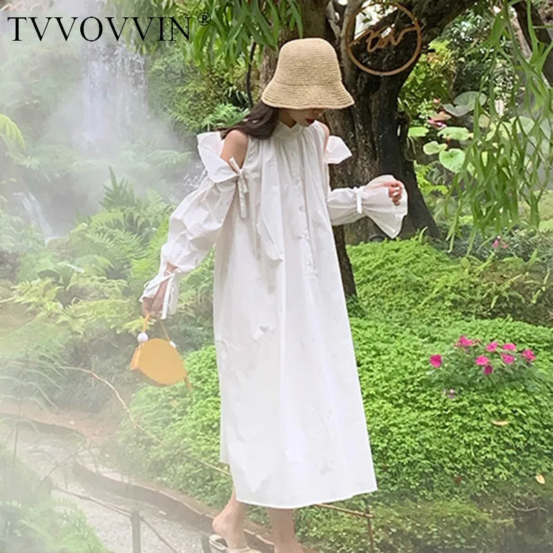TVVOVVIN Vintage Sweet Elegant Lantern Sleeve Dress Women Loose Plus Size White Strapless Shoulder Maxi Dress Autumn New D212