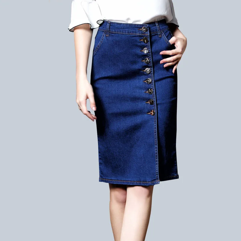 Джинсовая юбка высокая талия и бедра сплит юбки для женщин Лето одна кнопка карманы синяя джинсовая юбка стиль Saia джинсы плюс размер 6XL