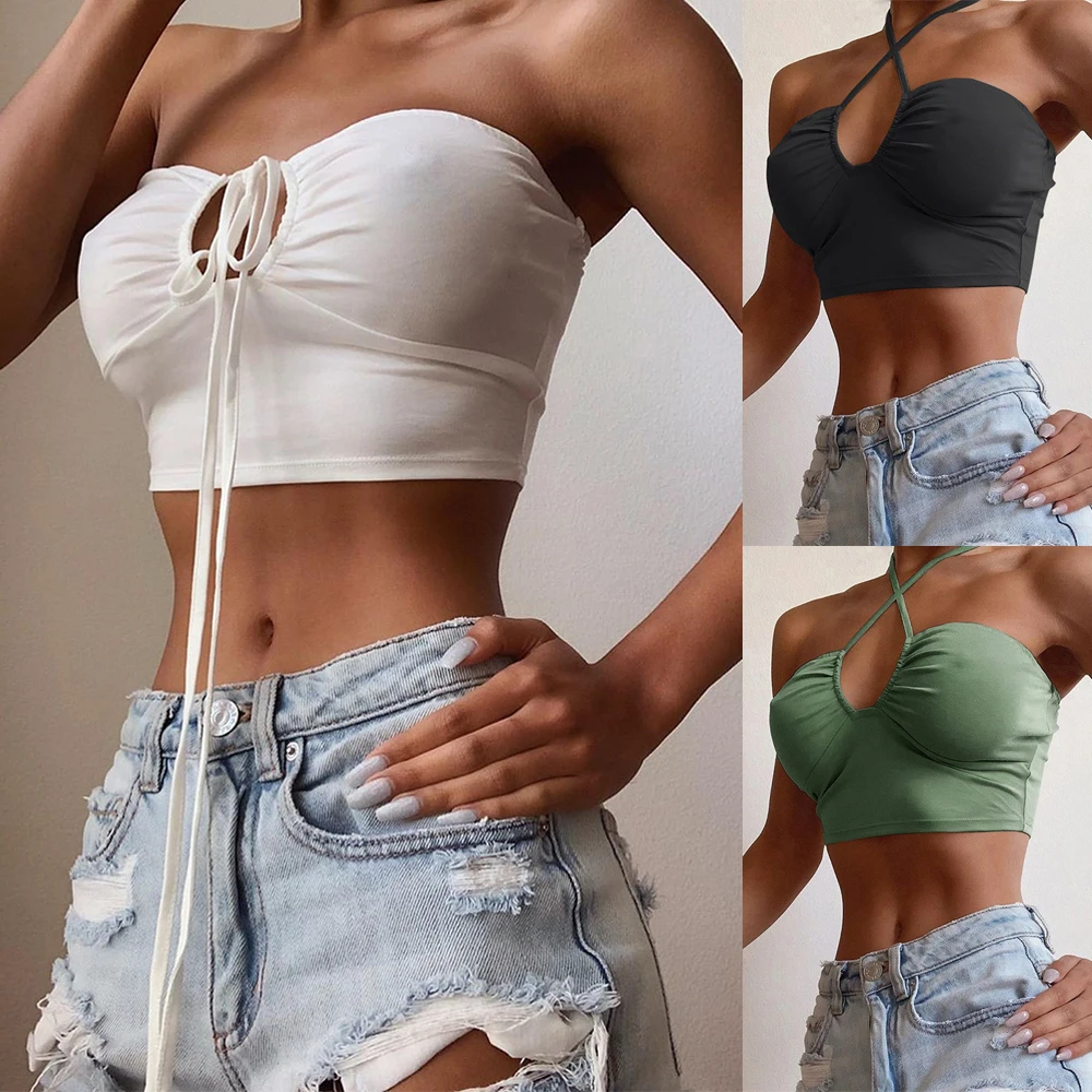 

Women's summer sling wrap chest hot sale tops drawstring cross halter neck wrap chest vest suspenders fashion 2020