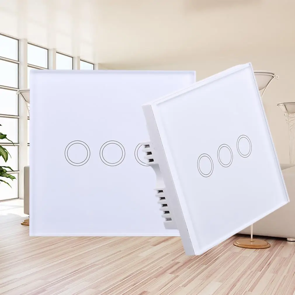 

Smart Home White Crystal Glass Panel 3 Gang UK Plug Light Touch Sense Screen Switch With LED Indicator