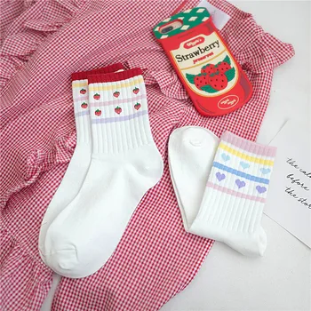 

1Pair Women Socks Fashion Jacquard Heart Strawberry Japanese Harajuku Funny Love Characters White Socks Creative High Quality
