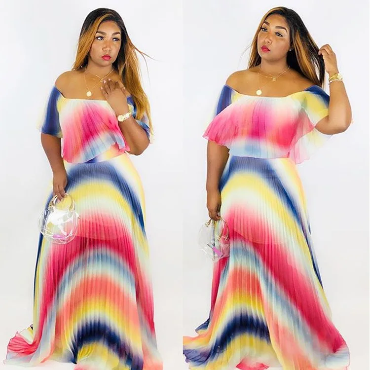 Off Shoulder Rainbow Color Elegant Women Dress Chiffon Summer Maxi Dress  A-line Floor Length Femme Pleated Dress 2019 Vestidos