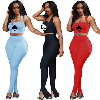 

Echoine Women Q Print Sport Streetwear Tube top Tops Slit Flare Pants Suit Active Wear Tracksuit Two Piece Set Fitness Outfit