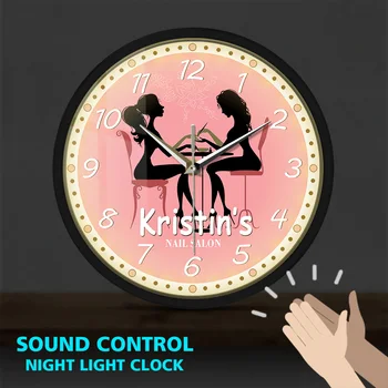

Manicure Studio Metal Frame LED Wall Clock Sound Control Spa Artwork Watch Pedicure Nail Salon Business Wall Art Decor Horologe