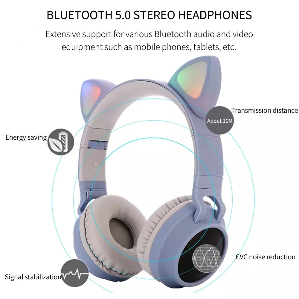 Cat Ear Headphones Bluetooth Headset LED Noise cancelling Headphones Young people Kids Headset Support TF Card 3 5mm Plug For PC