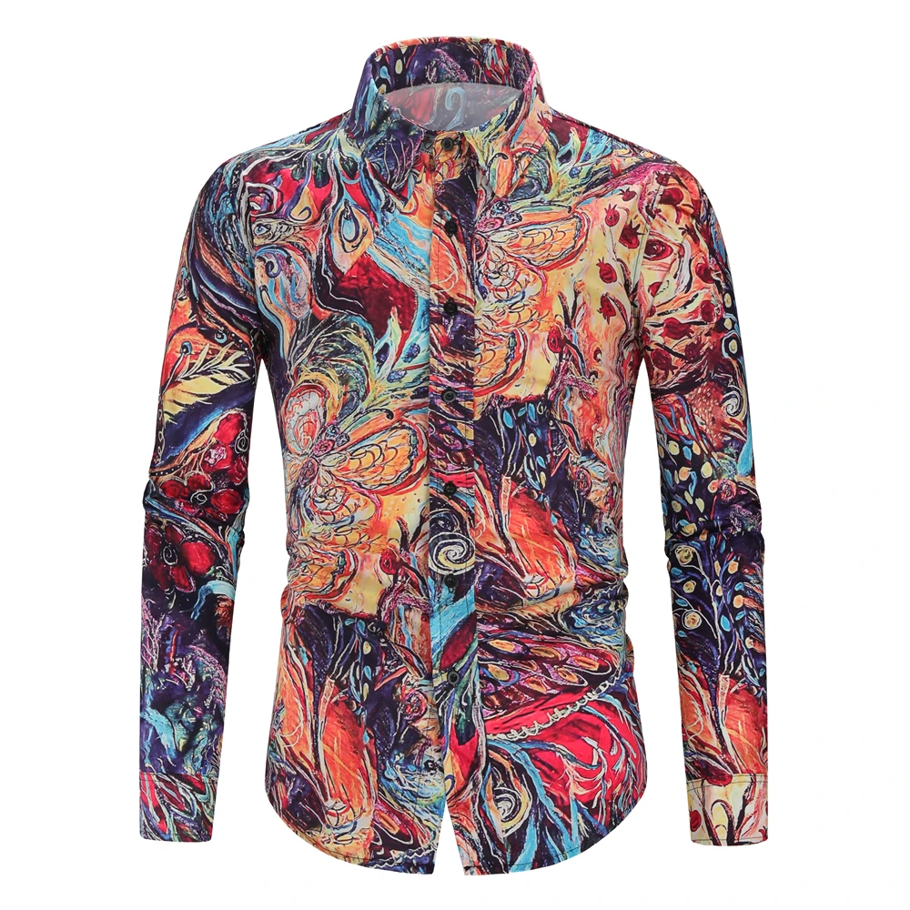 

Autumn Men Blouse 2019 New Fashion Personality Men's Casual Slim Long Sleeve Printed Shirt Top Casual Men's Blouse