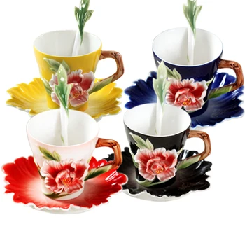 

FLOWER ENAMEL COFFEE MUG PORCELAIN TEA CUP MILK SET WITH SPOON AND DISHES CREATIVE CUPS AND MUGS CERAMIC DRINKWARE GIFT PRESENT