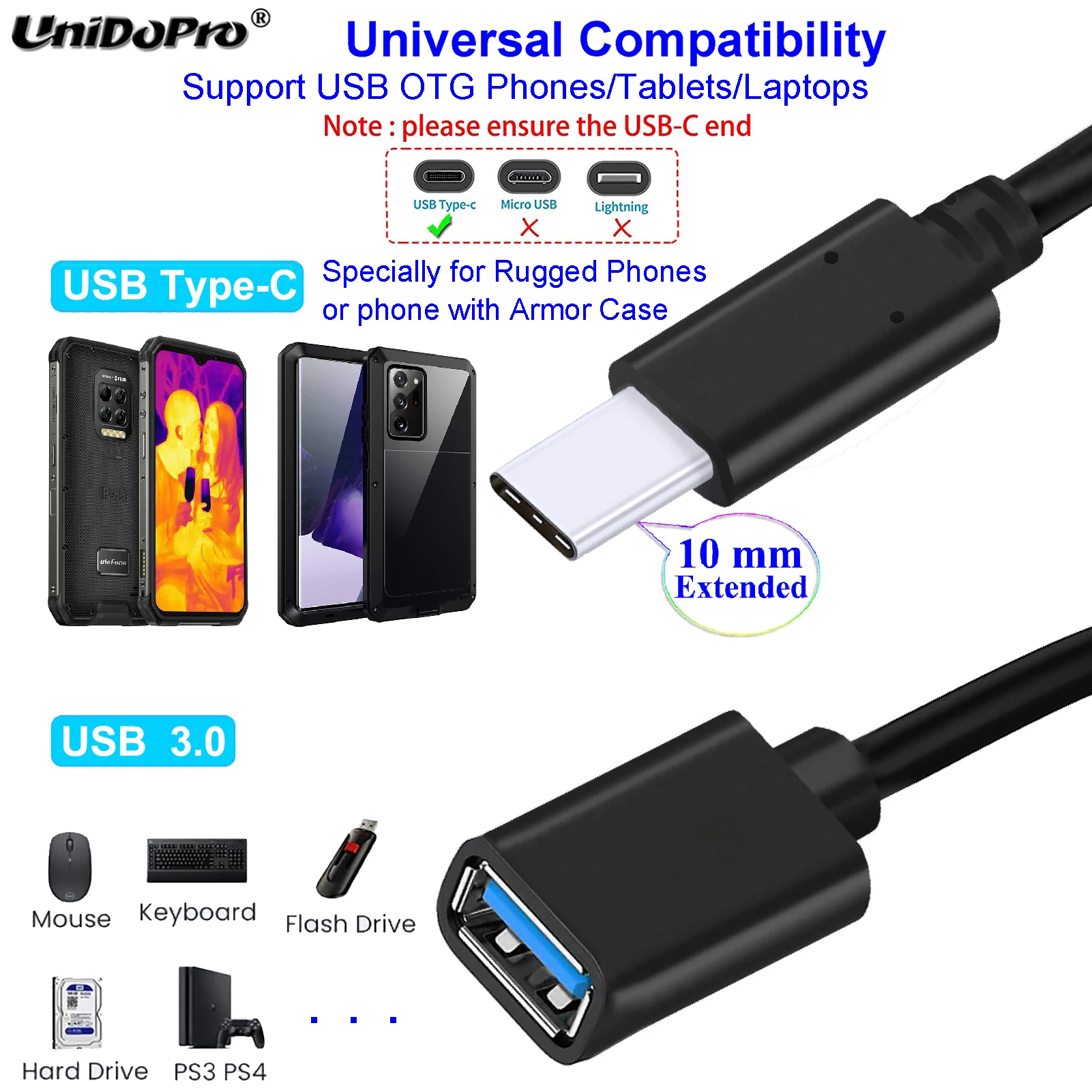 10 мм расширенный кабель быстрой зарядки типа C адаптер USB OTG для прочных телефонов