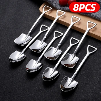 4/8PCS Shovel Spoons Stainless Steel Coffee Spoon Creative TeaSpoons For coffee Ice cream Scoop Tableware Cutlery set