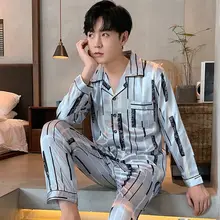 Satin Men's Sleepwear 2 Pcs with Trousers Long Sleeve Spring Autumn Pijama Faux Silk Striped Print Leisure Pajama Set for Male