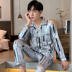 Satin Men's Sleepwear 2 Pcs with Trousers Long Sleeve Spring Autumn Pijama Faux Silk Striped Print Leisure Pajama Set for Male