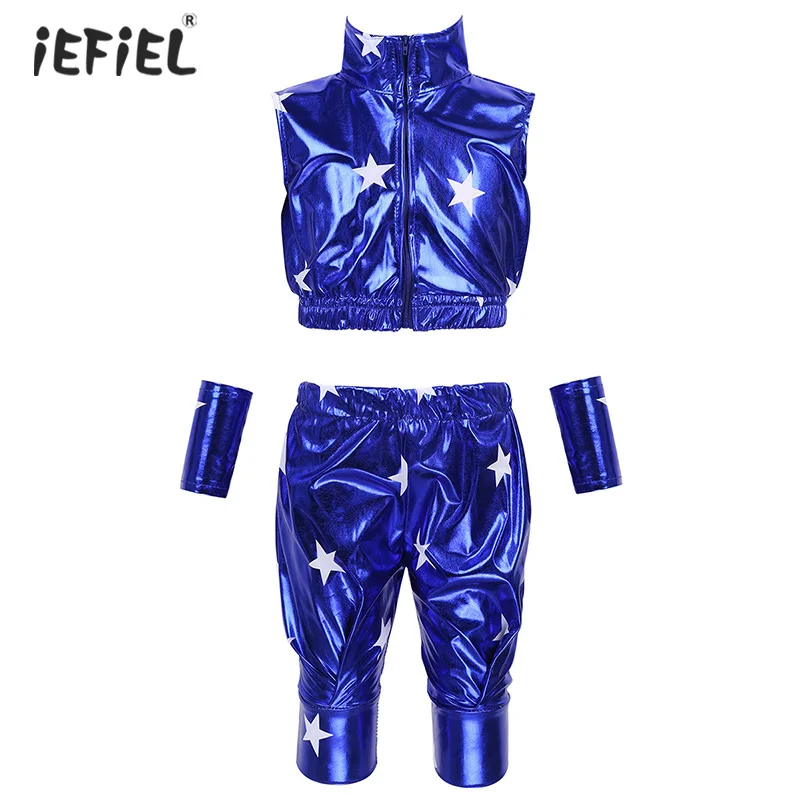 Kids Boys Girls Modern Hiphop Jazz Dancewear Star Metallic Sleeveless