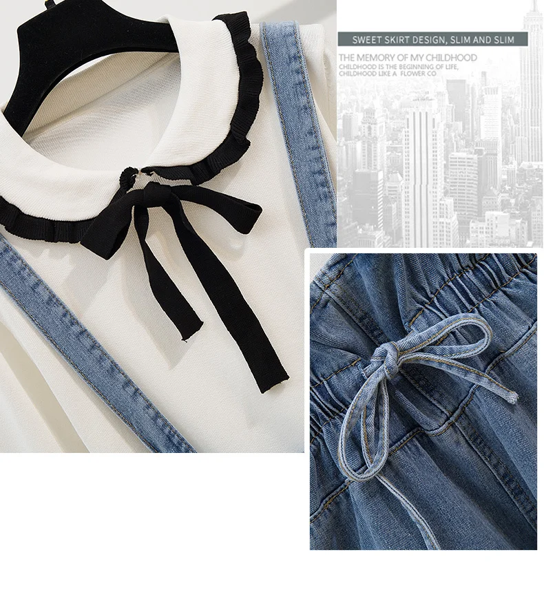 Комплект из 2 предметов, корейская мода, женский свитер, комплект одежды с бантом, воротник Питер Пэн, пуловеры+ джинсы с высокой талией и карманами на подтяжках