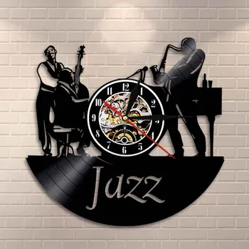 

Musicians Jazz Band Wall Clock Men Play the Cellos Sax Jazz Band Instruments Vinyl Record Wall Clock Bedroom Living Room Decor