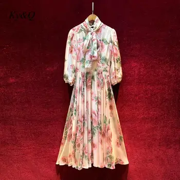 

Vintage Autumn Women Fashion Rose Print Bow Luxury Boho Midi Chiffon A-line Dress Party Vacation Dress 2020 New Vestidos