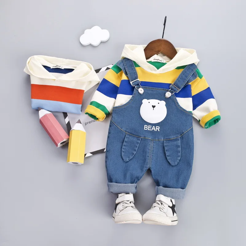

Cute Baby Set Stripes Hooded Long-sleeved Sweater Bear Cowboy Suspender Pants Two-Piece Set Infants Children