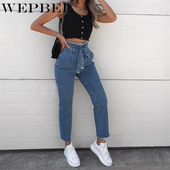 

WEPBEL Women Jeans Spring Autumn Pocket High Waist Lace Up Casual Solid Fashion Ankle-Length Pencil Jeans