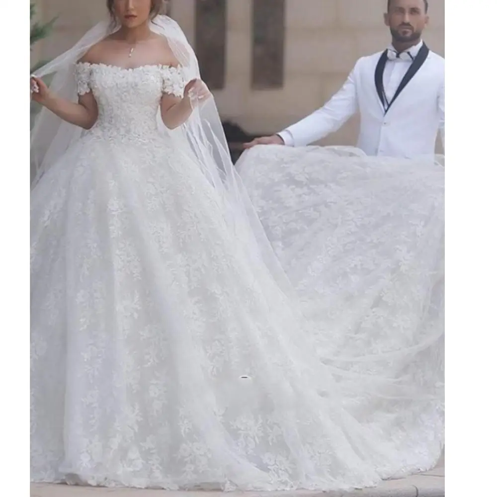 

Luxurury White Flower Wedding Dresses Off The Shoulder Appliques Beading Ball Gown Lace-Up Court Train Full-Length Bridal Dress