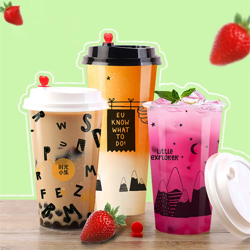 

50pcs High quality 90 caliber creative disposable milk tea cup 500ml transparent coffee tea juice drink plastic cups with lid