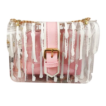

Striped Clear Transparent Pvc Women Messenger Crossbody Bag Chains Jelly Summer Beach Bag 2Pcs Women Handbag(Pink)
