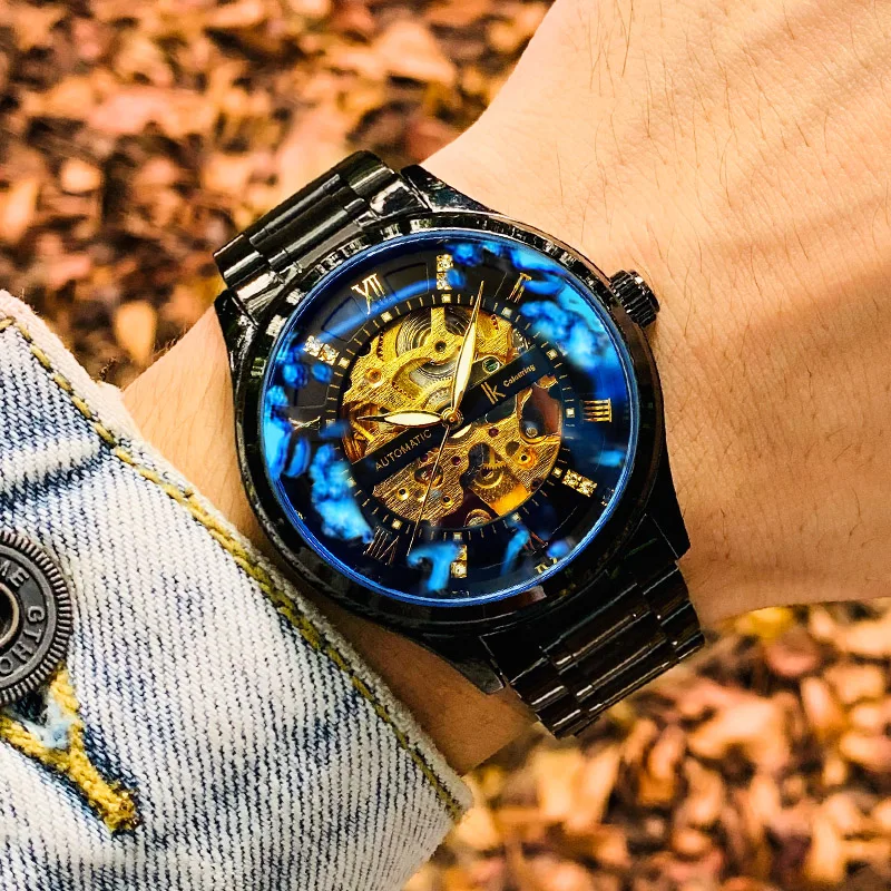 

IK Colouring Wristwatch Automatic Mechanical-Watches Hollow Skeleton Watch Men Waterproof Luminous Business Relogio Masculino