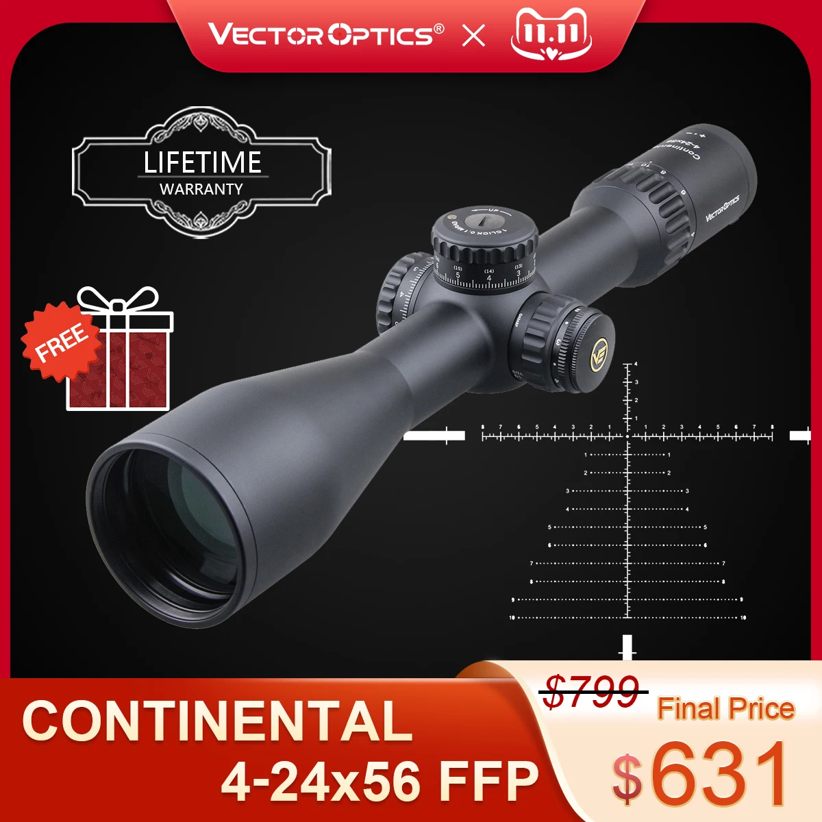 Vector Optics Continental 4-24x56 HD 34mm FFP Hunting Riflescope 1/10MIL Zero Stop 90% Light Optic Rifle Scopes .338 Long Range