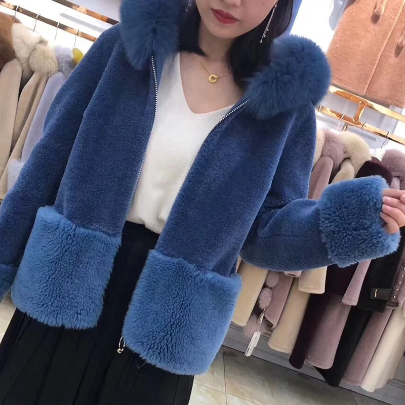 Blue Новинка, Женское пальто из натурального меха лисы с капюшоном, Корейская Осенняя Зимняя шерстяная куртка для стрижки овец, Женское пальто, KJ3566 - Цвет: Blue