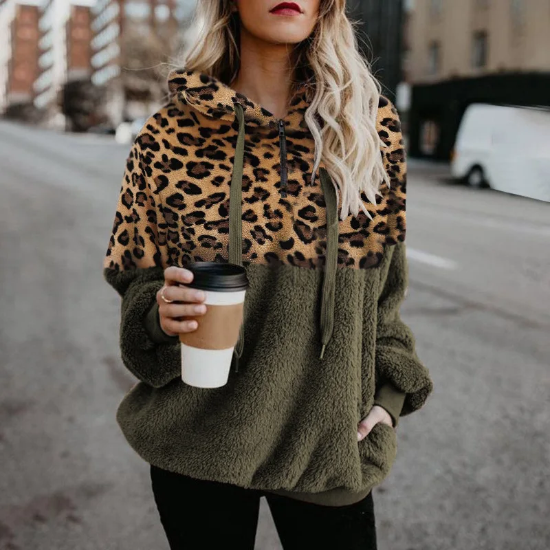 Autumn Winter Jumper Fleece Sweater Women Plus Size 5XL Leopard Zipper Pocket Fluffy Sweaters Pullover Pull Femme Sherpa Tops - Цвет: olivegreen