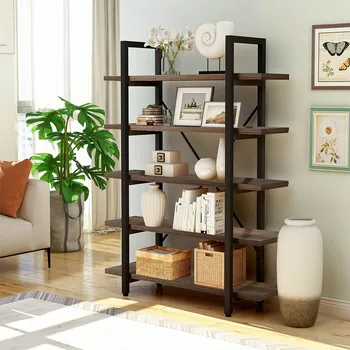 

5-Laye Storage Rack Shelf High Quality Durable Industrial Bookcase with Rustic Wood and Metal Frame Bookshelf for Living Room