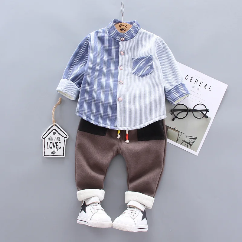 

2019 Fashion Winter Children Baby plus Velvet Pattern Joint Stand Collar Shirt Cotton-padded Trousers Set BOY'S Korean-style Hoo