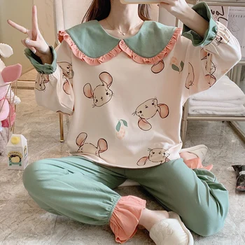 

2020 New Fashion Women Lovely Leisure Cotton Sleepwear Womens Female Cartoon Pajamas Casual Long-sleeve Females Pijamas