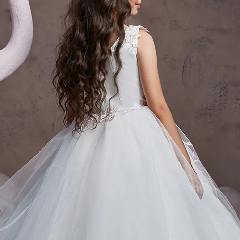 Аппликация платье принцессы Детское платье для свадебного торжества; платья подружки невесты для девочек, детская кофта с первого Связь 7 слоев платье с фатиновой юбкой для фотосессии