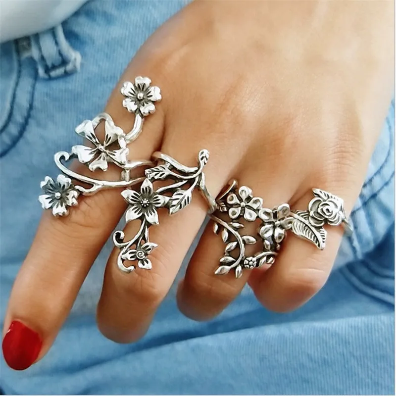 Европейский горячий стиль стиль большой магазин знак популярная женская мода индивидуальность Древний серебряный, с гравировкой цветок кольцо набор ретро