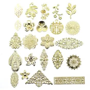 

Pendants Connectors Flower Leaf Double Luck Wraps Filigree Crafts Embellishments Gold Plated For Jewelry DIY Accessories
