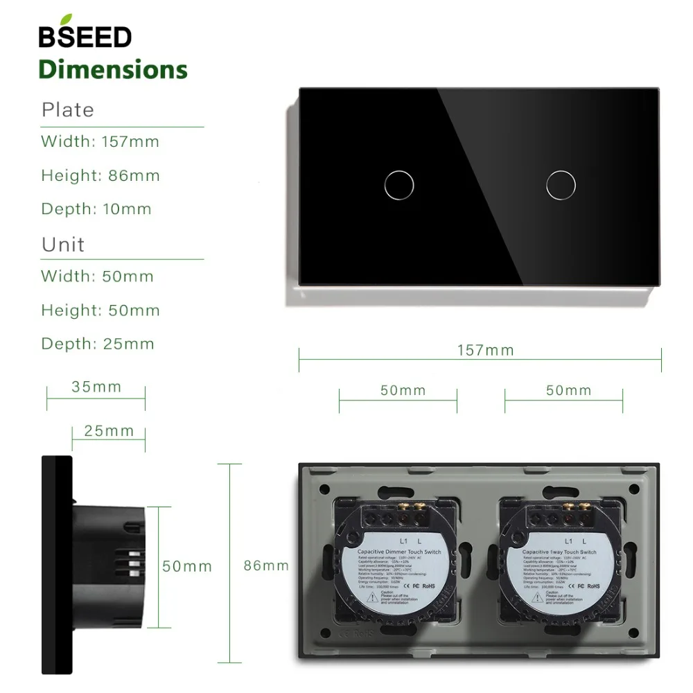 Bseed, 2 банды, WifI, сенсорный выключатель, 157 мм, светильник, переключатель, белый, черный, золотой, кристалл, класс, переключатель панели