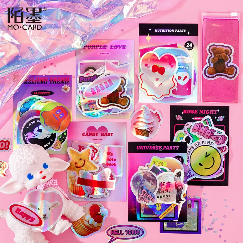 24pcs/pack Colorful Vaporwave Planet Self-adhesive Glitter Metallic Foil Reflective Sticker Decorative Scrapbook For Diary Album afbeelding