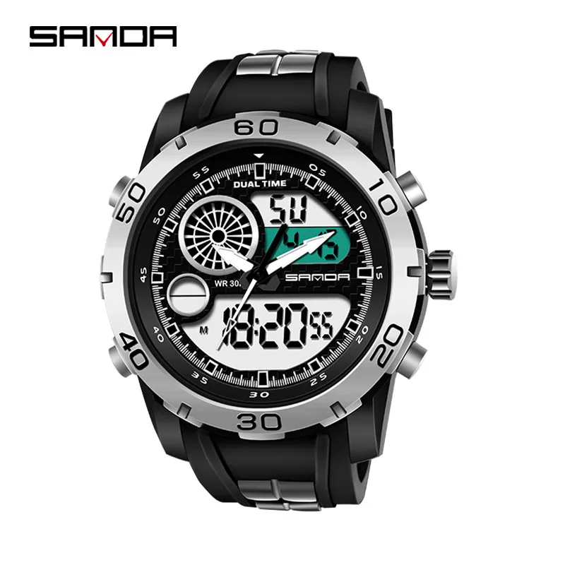 SANDA мужские модные многофункциональные мужские электронные часы для спорта на открытом воздухе с двойным дисплеем водонепроницаемые