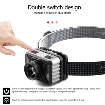 

USB Rechargeable 4 Gears Smart Sensor Torch Head Lamp Outdoor Waterproof LED Headlight 1PCS XHP50 Hiking Fishing Headlight